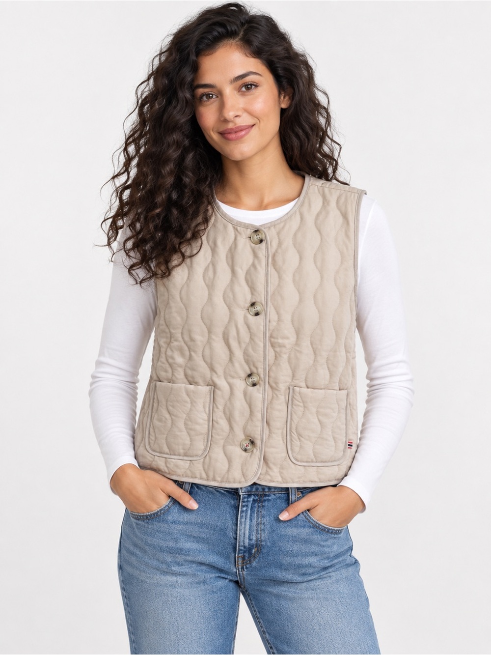 🍁Hunter Beige Wavy Quilted Button-Front Vest Pockets Women Size M